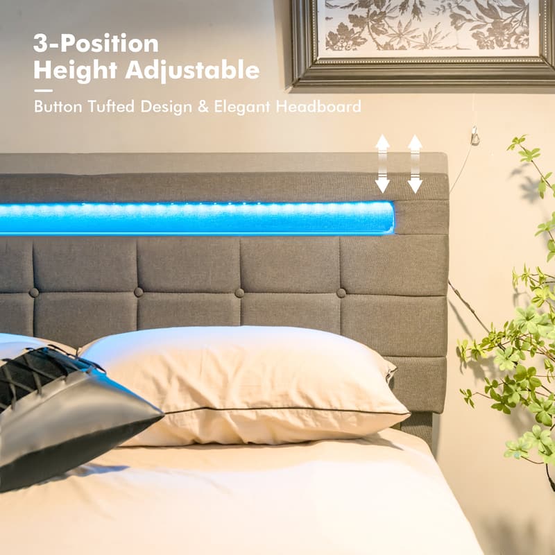Costway Upholstered Queen LED Lights Bed Headboard Drawers Solid