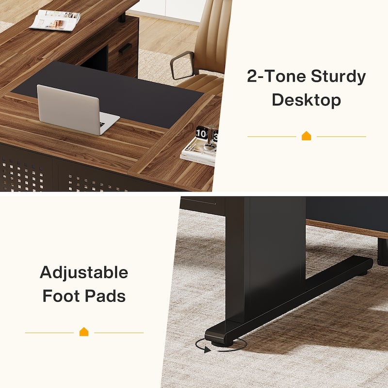 63-Inch L-Shaped Executive Desk with Storage Shelves