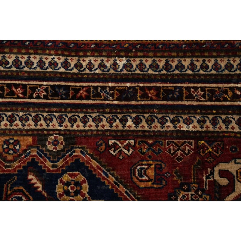 Hand Knotted Oriental 100% Wool Carpet Traditional Geometric Navy Blue & Blues Qashqai Area Rug - 8' 6'' X 5' 3''