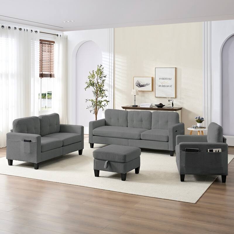 Mixoy 76'' L-Shaped Sofa Set,Corduroy Sectional Sofa,Mid Century 3-Seater Sofa with Storage Ottoman/Loveseat/Single Sofa