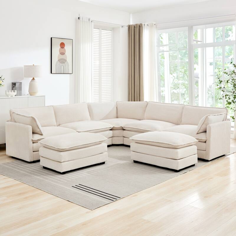 7-Seater Corduroy Sectional Sofa with 2 Removable Ottomans & Corner Seat, Soft & Comfortable - 5 Seats with 2 Ottoman - Off White