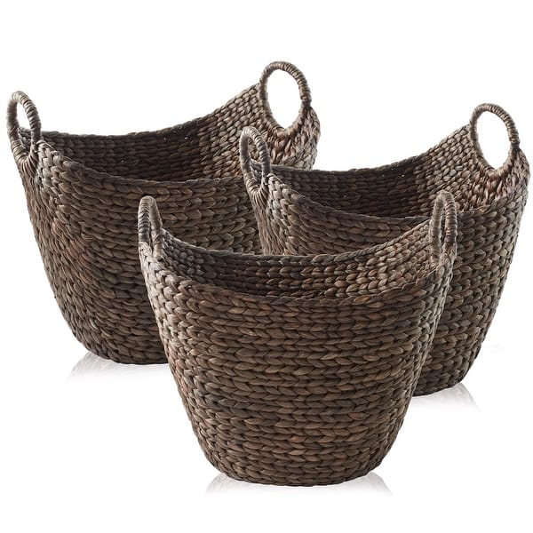 Set of 3 Water Hyacinth Boat Baskets Espresso Woven Laundry Bins - Brown - Boat Shaped Baskets
