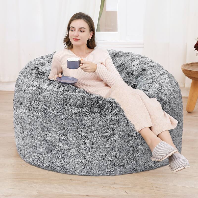 Fluffy Bean Bag Covers Only, Soft PV Velvet Bean Bag Chair Cover for Living Room Bedroom, No Filling - Black/Grey - Medium