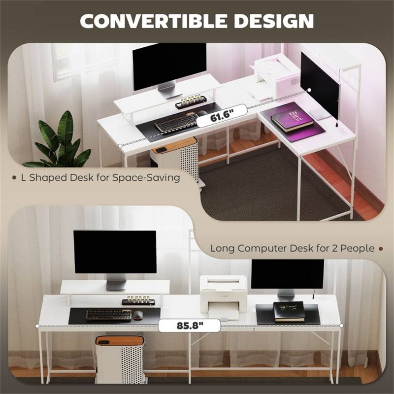 Modern L-Shaped Gaming Desk with Adjustable RGB Lighting and Rolling Keyboard Shelf USB Port
