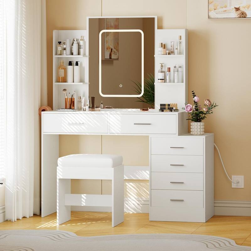 Makeup Vanity with Mirror, 6 Drawers, Shelves, Charging Ports, Hairdryer Holder, Stool