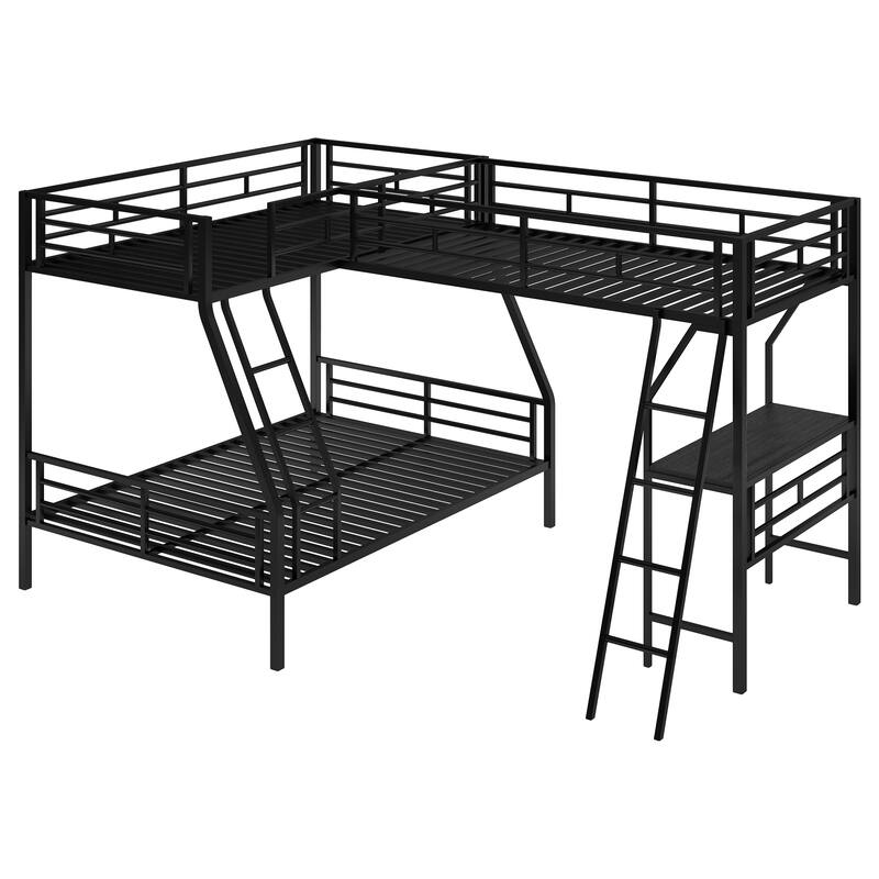Twin Over Full L-Shaped Bunk Bed with a Twin Loft Bed Attached, Metal Triple Bunkbeds Frame with Desk & 2 Ladders, for 3 Kids