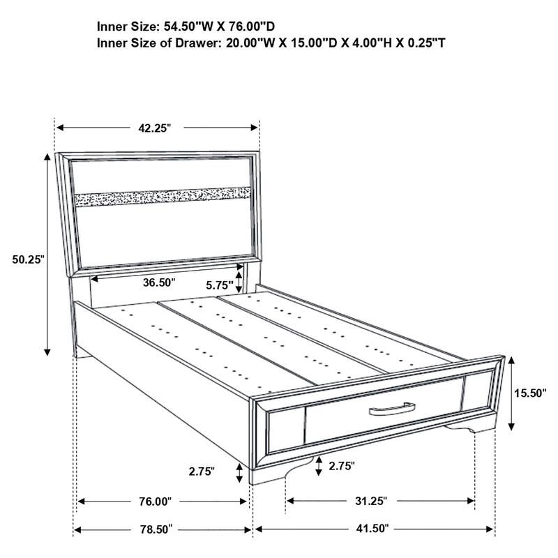 White Twin Storage Bed with Built-in Drawers and Glitter Panels