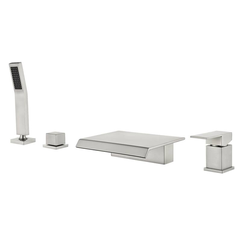 Waterfall Deck Mount Tub Faucet with Handheld Shower Brass 4 Holes Modern Bathtub Filler with Hand Sprayer - Brushed Nickel