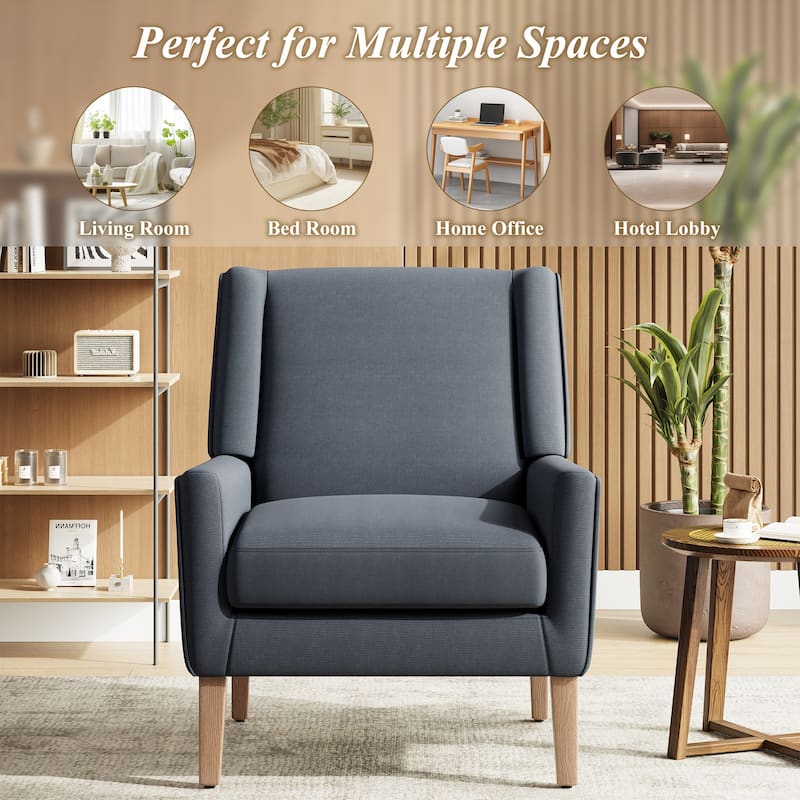 Mid-Century Linen Wing Chair - Tailored Channel Tufting & Walnut Tapered Legs, Compact Accent for Reading Nooks