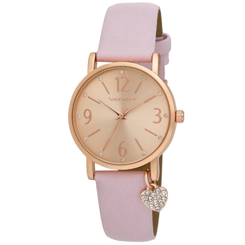 Vernier Womens Heart Charm Vegan Leather Strap Watch -4 Colors Available