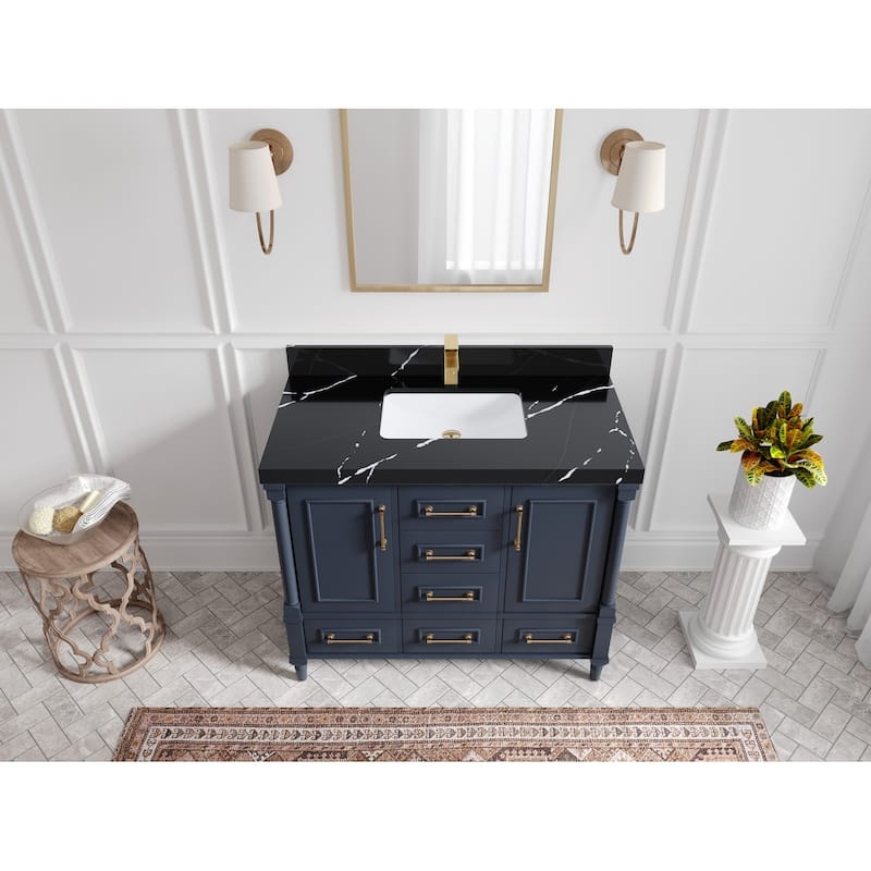 Willow Collections 42 in. W x 22 in. D Aberdeen Single Bowl Sink Bathroom Vanity with Countertop - 2" Calacatta Black - Hale Navy Blue