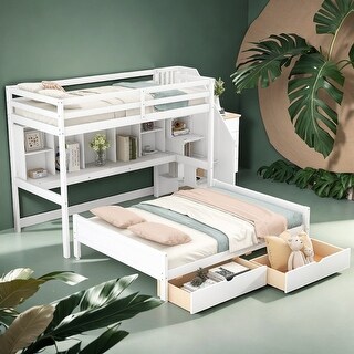 Twin XL over Full Bunk Bed with Shelves, Drawers and Staircase, White ...
