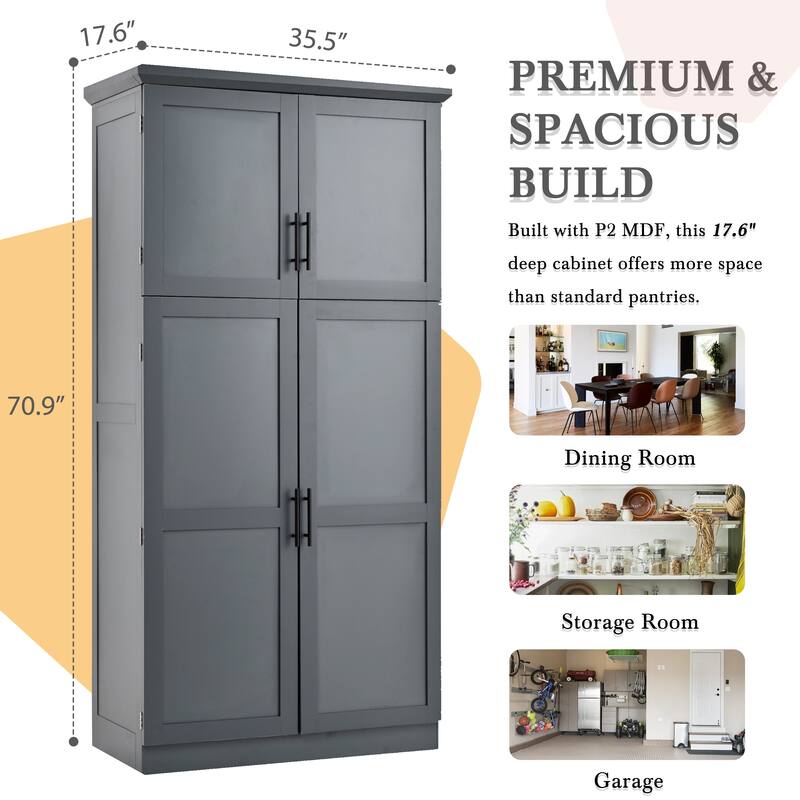 Roomfitters 71 Inch Freestanding Kitchen Pantry with 8 Pull-Out Trays and Door Shelves, Shaker Cabinet