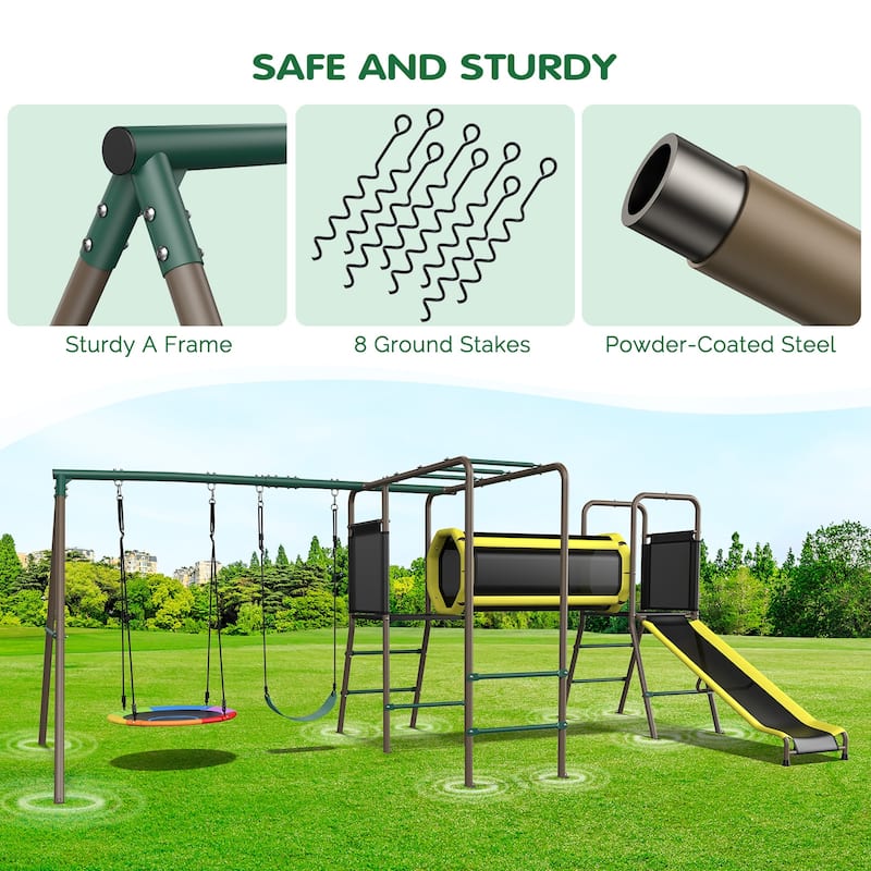 Hapfan 660lbs 5 in 1 Metal Swing Set with Slide Monkey Bars Crawl Tunnel and Trapeze Bar for Kids Outdoor Backyard Playset