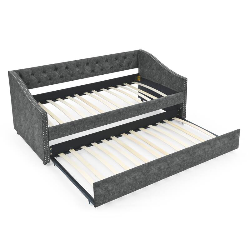 Roomfitters Twin/Full Upholstered Daybed with Twin Trundle, Tufted Backrest and Nailhead Trim, Elegant Waved Arms