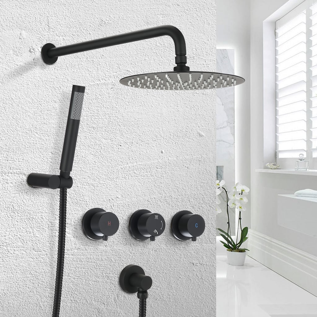 YASINU Matte Black 1-Spray Round Wall Bar Shower Kit with Hand Shower