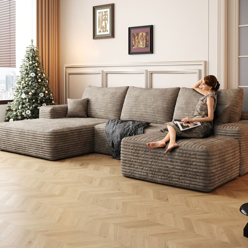 Living Room Corduroy U-shaped Chaise Sectional Sofa with Ottoman, Modern Floor Standing Deep Seat Cloud Upholstered Couch