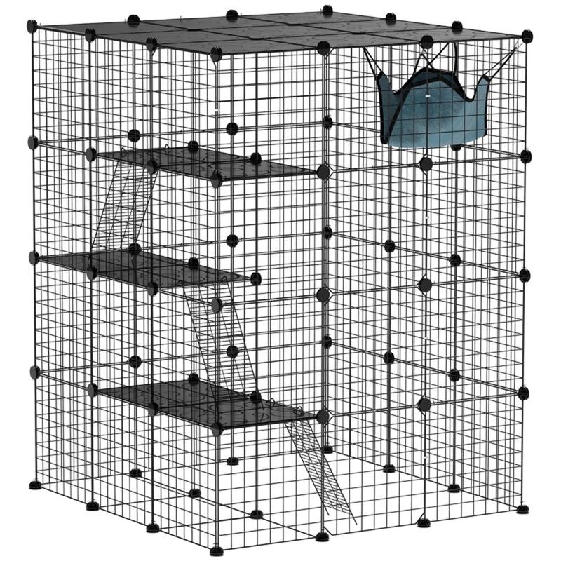 Black Steel and PP 4-Tier Cat Cage with Ramps, Platforms and Doors