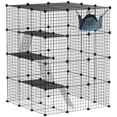 Black Steel and PP 4-Tier Cat Cage with Ramps, Platforms and Doors