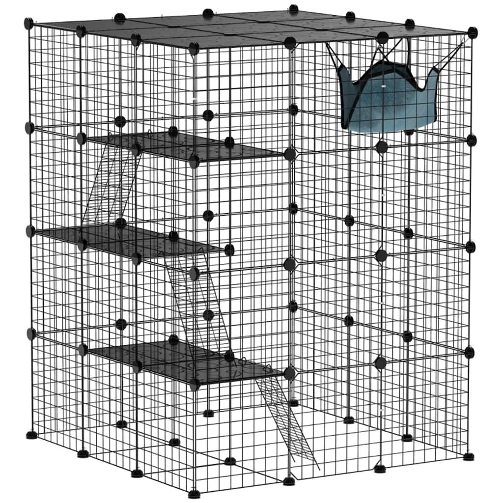 Black Steel and PP 4-Tier Cat Cage with Ramps, Platforms and Doors