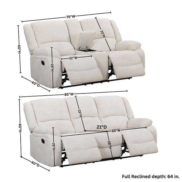 dimension image slide 0 of 2, Roundhill Furniture Blitz Transitional 2-Piece Living Room Reclining Set, Sofa and Loveseat