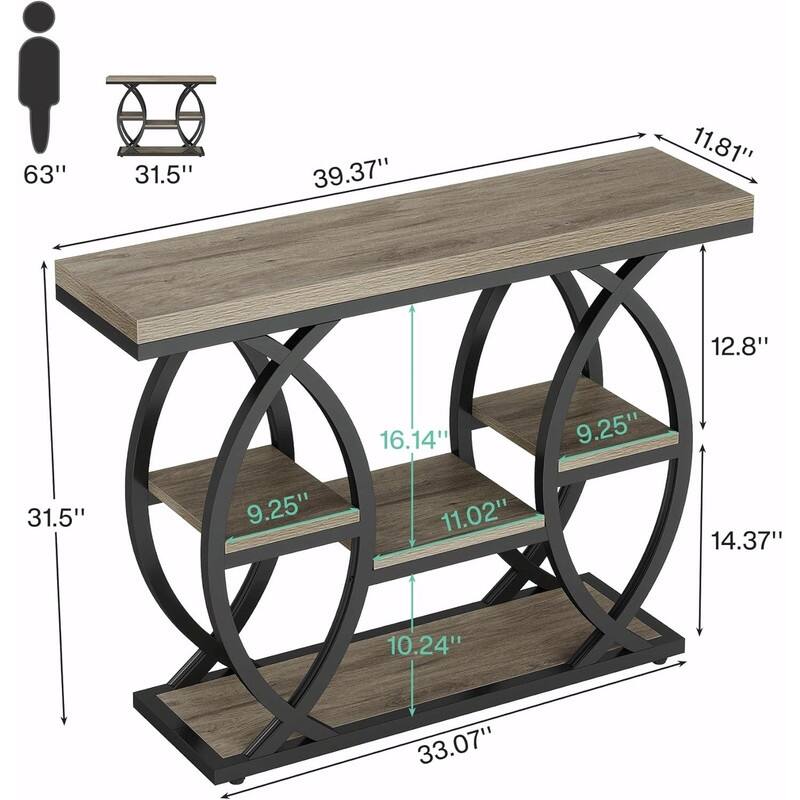 39" Industrial 4-Tier Console Table with Metal Frame and Staggered Shelves