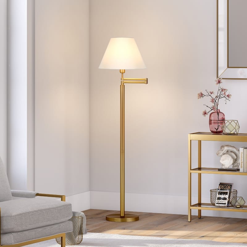 62" Modern Swing Arm Floor Lamp with Linen Shade and Rotary Switch Metal Base for Living Room - 62”H x 26”W x 16”D