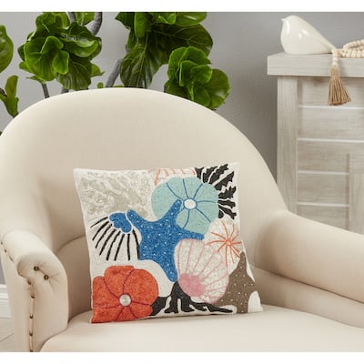 Throw Pillow With Beaded Seashells Design, 16"x16"