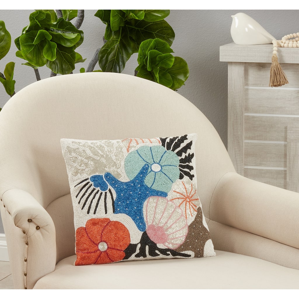 Throw Pillow With Beaded Seashells Design, 16"x16"