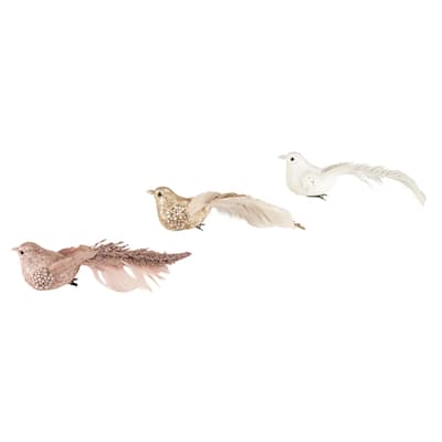 Set of 3 Glittered Pink White and Champagne Bird Christmas Ornament with Clip 6.5"
