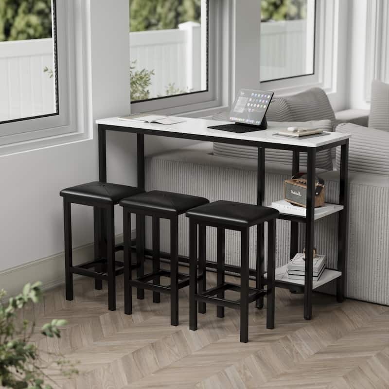 3-People Counter Heihgt Dining Set w/Storage, 4 Piece Kitchen Bar Table Set w/3 Upholstered Stools