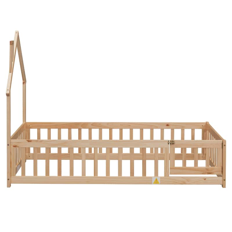 Twin House-Shaped Headboard Floor Bed with Fence