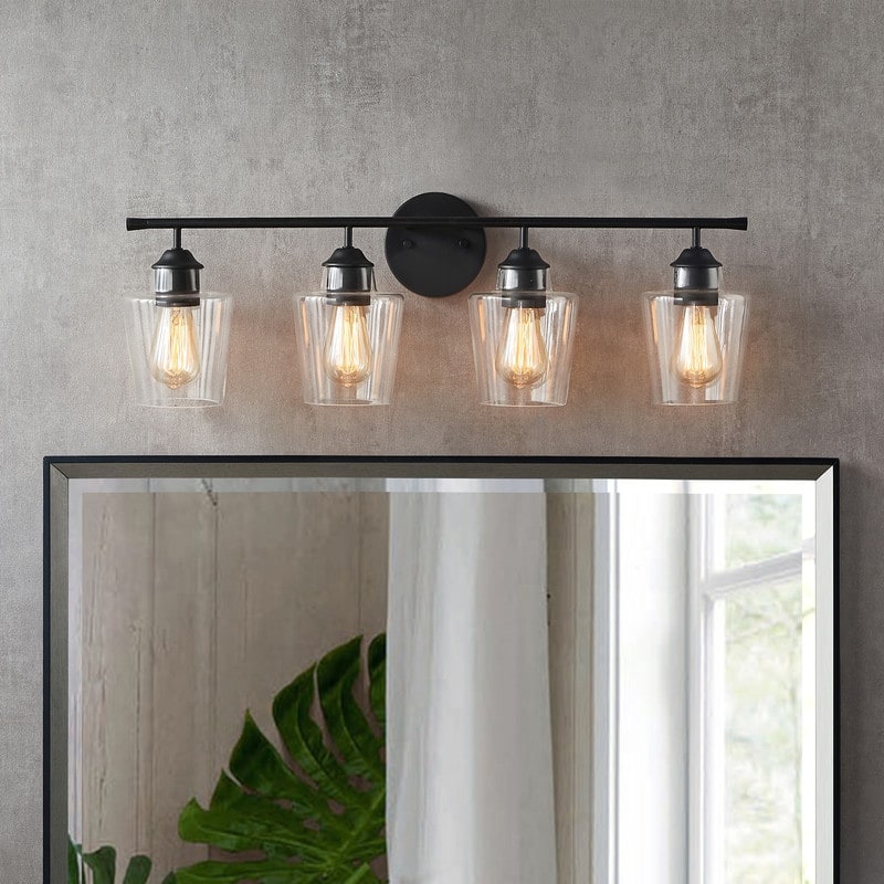 KAWOTI 4-Light Dimmable Metal Bathroom Vanity Light with Glass Shade - Painted Black