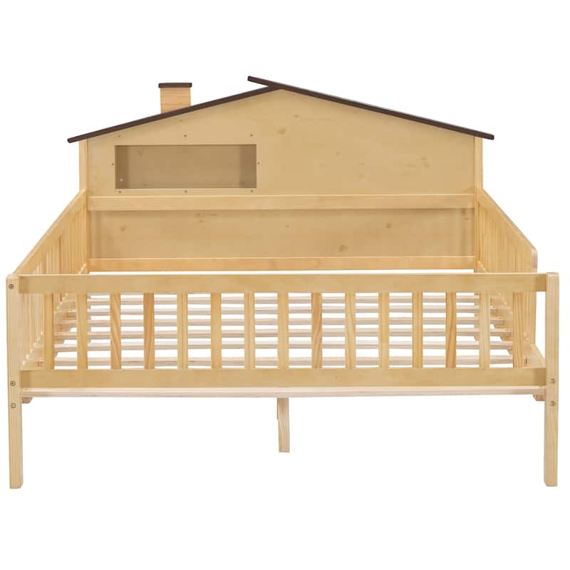 Wood Platform Bed with House-shaped Headboard, LED and Built-in Storage