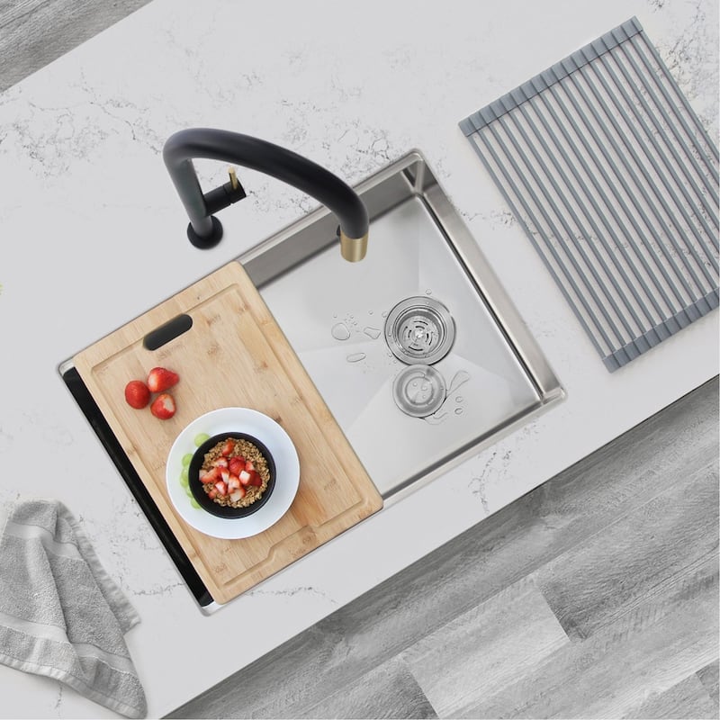 STYLISH 27 inches Workstation Single Bowl Undermount 16 Gauge Stainless Steel Kitchen Sink with Built in Accessories Handmade