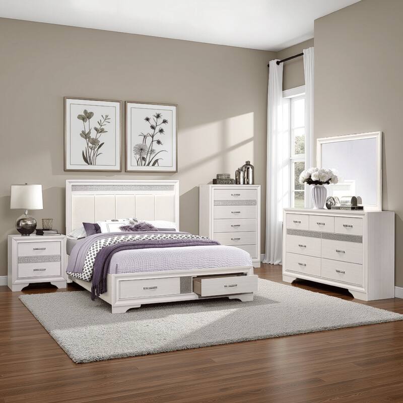 Lucy 4 Pc Queen Bedroom Set, Faux Leather Channel Tufted, Silver Accents, White