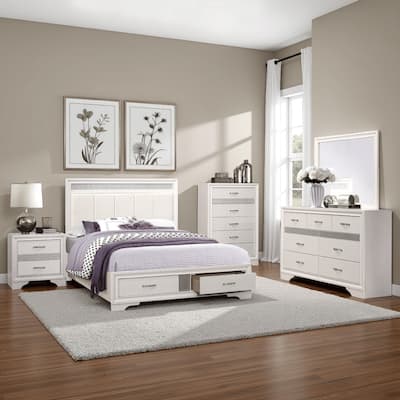 Lucy 4 Pc Queen Bedroom Set, Faux Leather Channel Tufted, Silver Accents, White