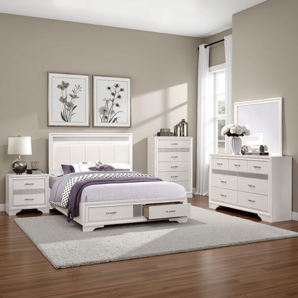 Lucy 4 Pc Queen Bedroom Set, Faux Leather Channel Tufted, Silver Accents, White