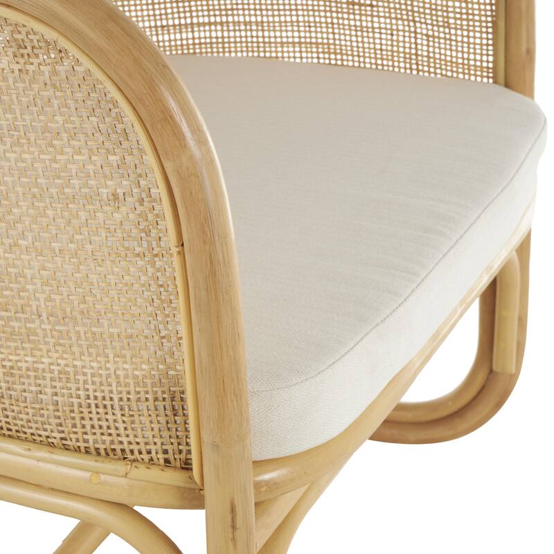 Light Brown Rattan Woven Rounded Living Room Accent Chair with White Fabric Cushion