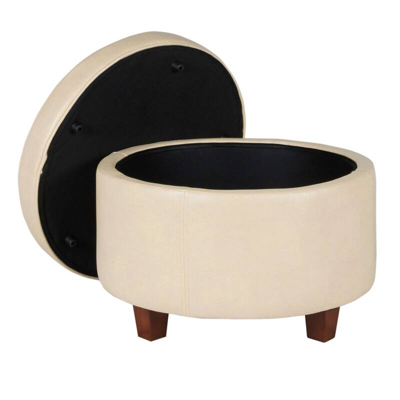 Porch & Den Rockwell Large Ivory Faux Leather Round Storage Ottoman