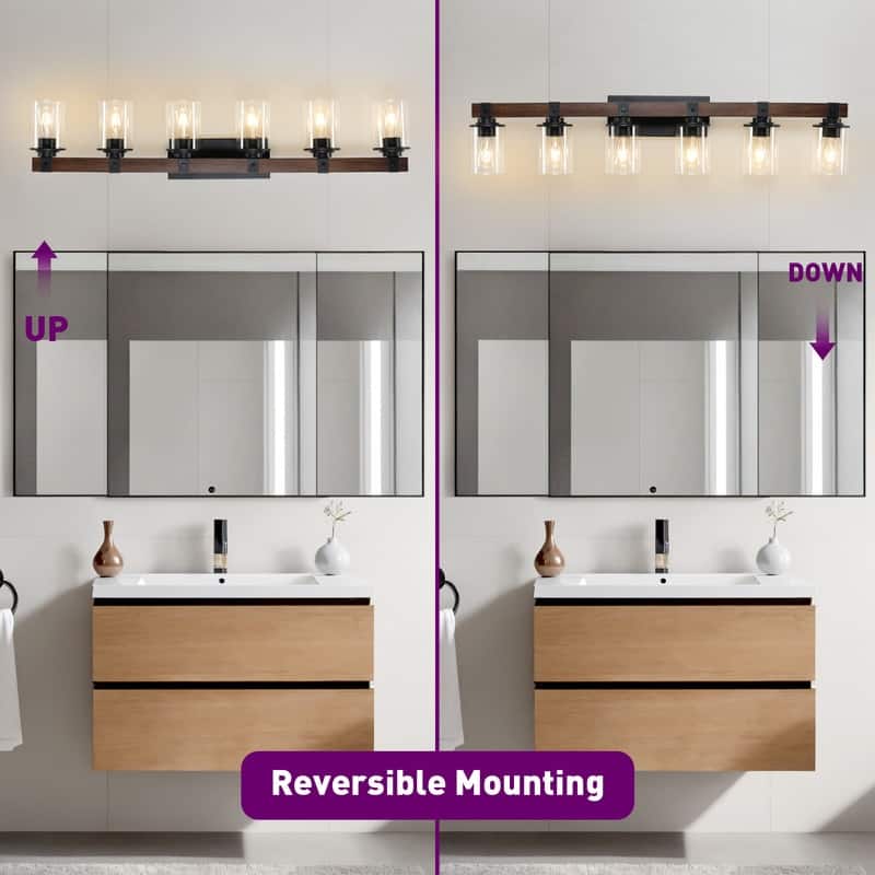 Vanity Light, Industrial Bathroom Wall Sconce with Glass Shades and Wood Accent, Modern Farmhouse Lighting Fixture (No Bulbs)