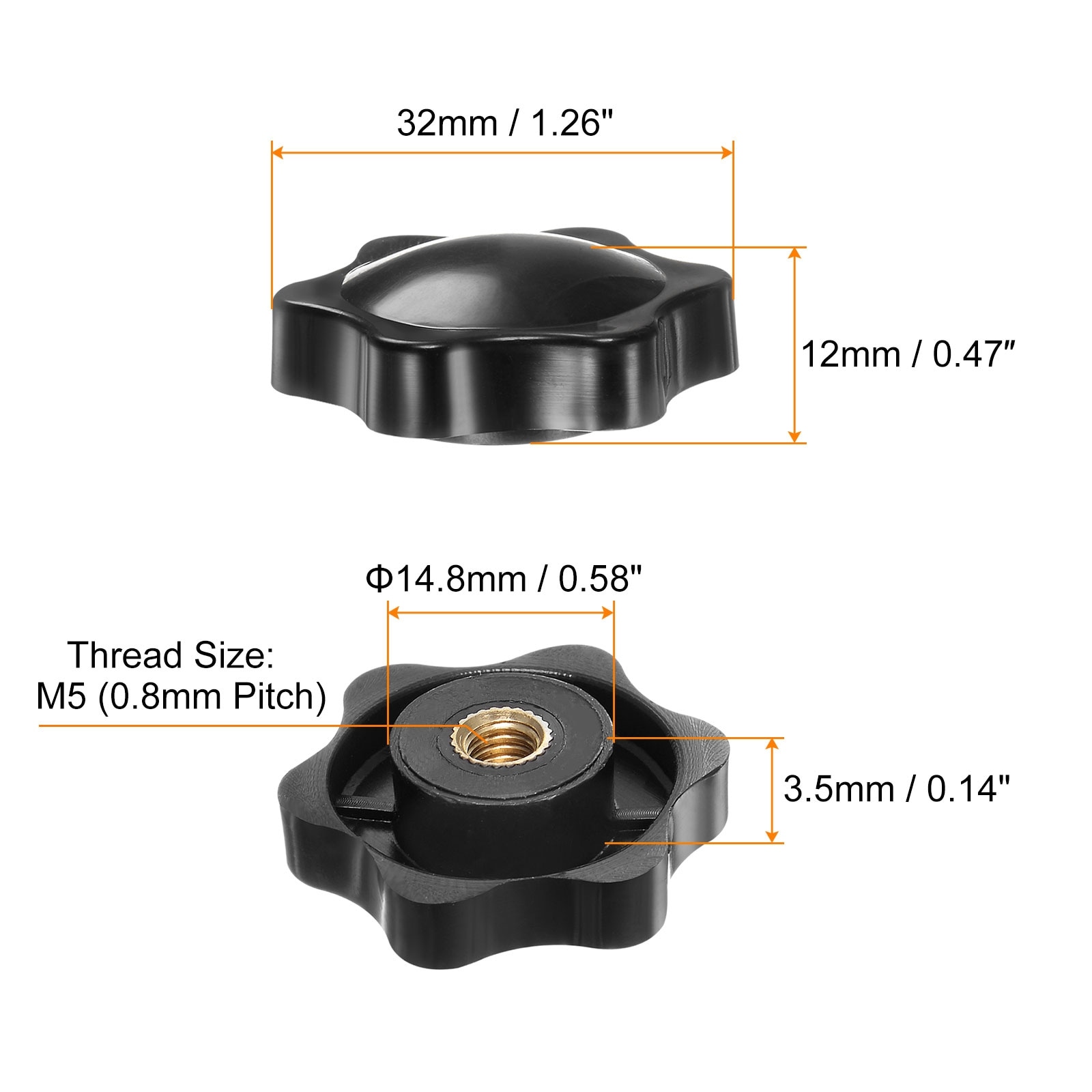 Star Knobs Female Thread 6 Point Plastic Head Brass Insert Non-Through Hole Screw-in Threaded Hand Knob Clamping Handle