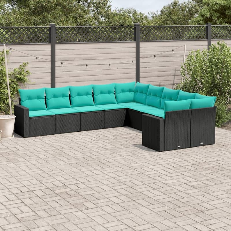 vidaXL 10/11 Piece Patio Sofa Set with Cushions Black Poly Rattan - 24.4" x 24.4" x 27.2" - Black-Without table