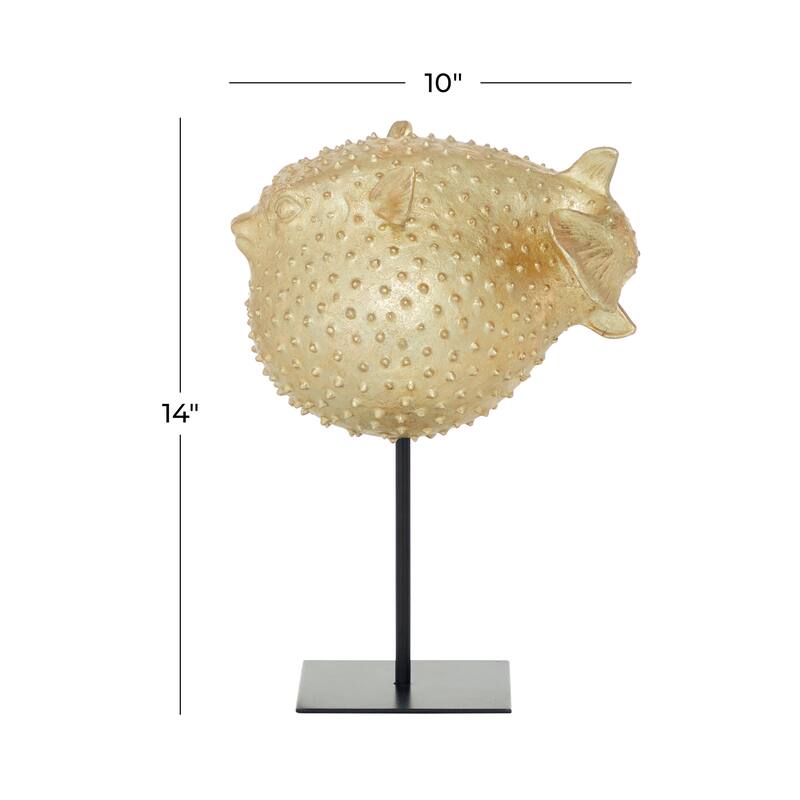 Gold Polyresin Handmade Spiked Blowfish Decorative Sculpture with Stand - 10 x 7 x 14