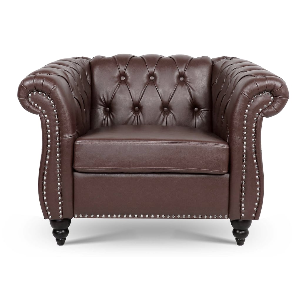 Dark Brown Leather Single Sofa Chair Barrel Chair with Nailhead Trim, Stylish Corner Chair Side Chair with Rolled Armrests