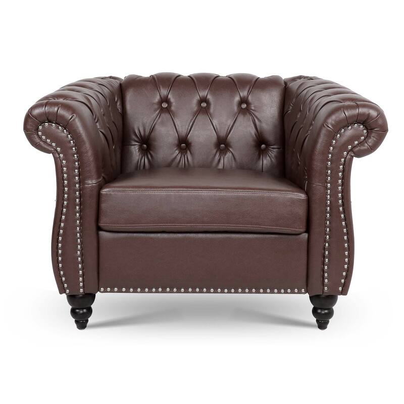 Faux Leather Single Sofa Chair Accent Chair, Mid-Century Modern Living Room Armchairs with with Rolled Arms & Nailhead Trim