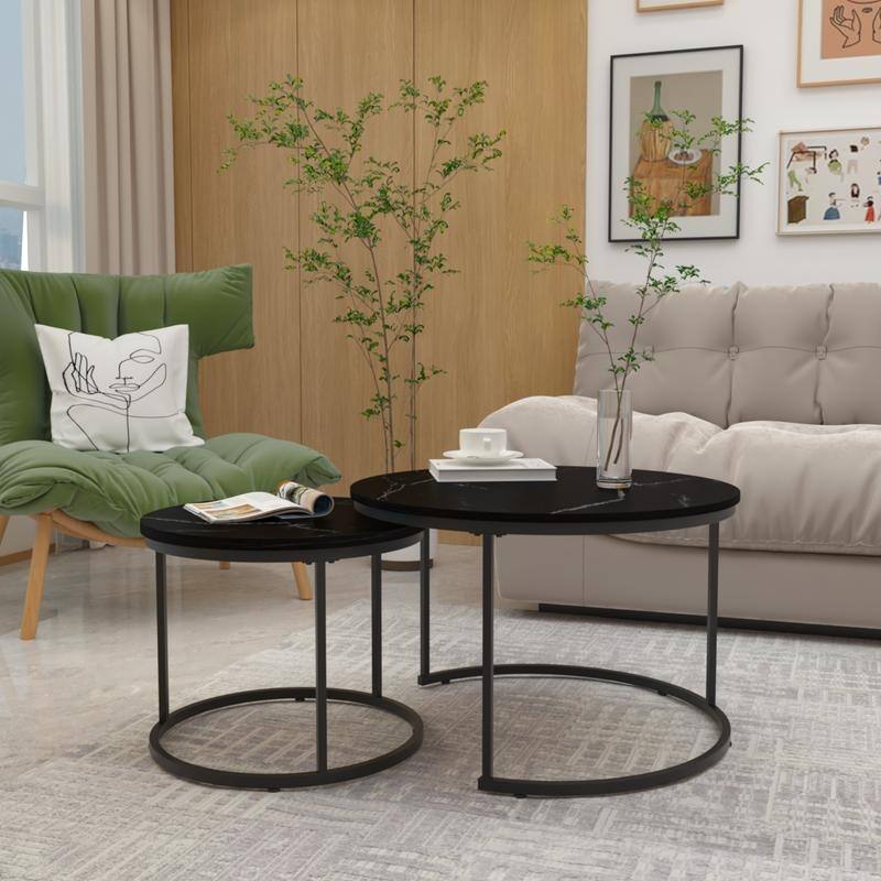 Round Nesting Coffee Table Set of 2 with Marble Pattern Top & Metal Frame