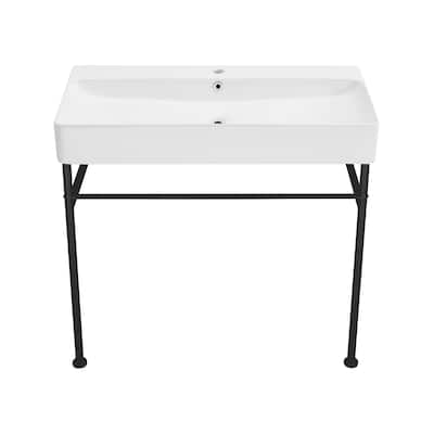Charme 36" Ceramic Console Sink White Basin Black Legs - 35.45" x 16.35" 35.45"