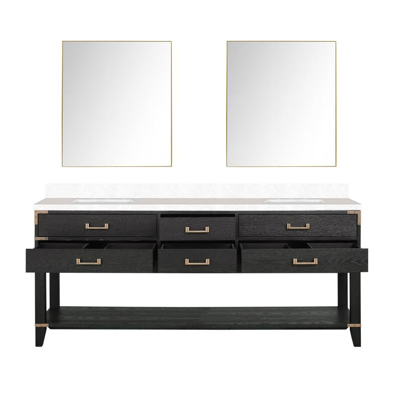 Norwalk 60 in W x 22 in D Black Oak Double Bath Vanity, White Quartz Top, and 28 in Mirrors