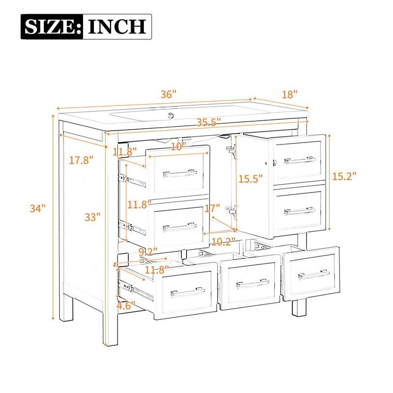 36''Bathroom Vanity with Resin Sink Combo,Bathroom Storage Cabinet, Freestanding Vanity Set with 5 Drawers& Soft Closing Doors